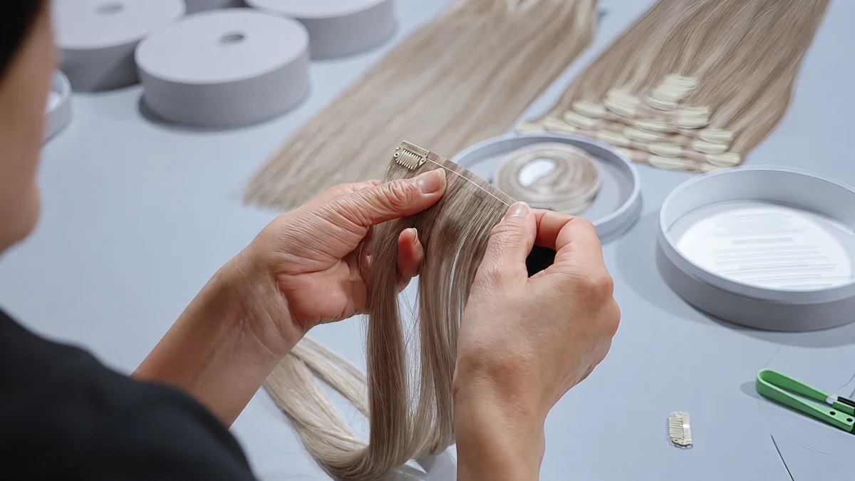 Epoche worker attaching a clip to a human hair clip-in extension during production