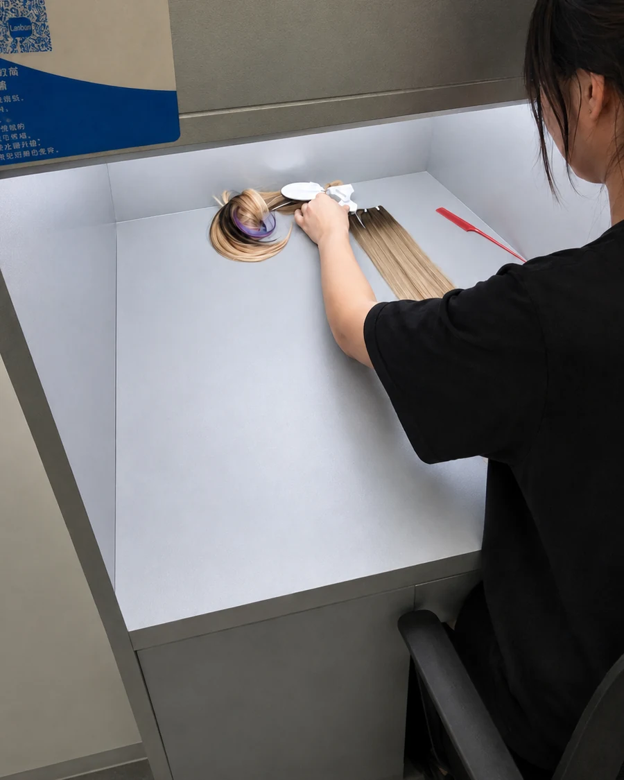 Epoche specialist matching human hair extension colors under a controlled light box