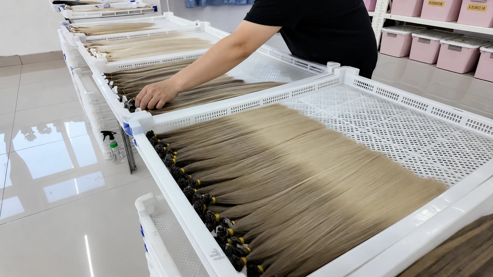 Epoche worker organizing finished human hair extensions to maintain batch consistency in color and appearance