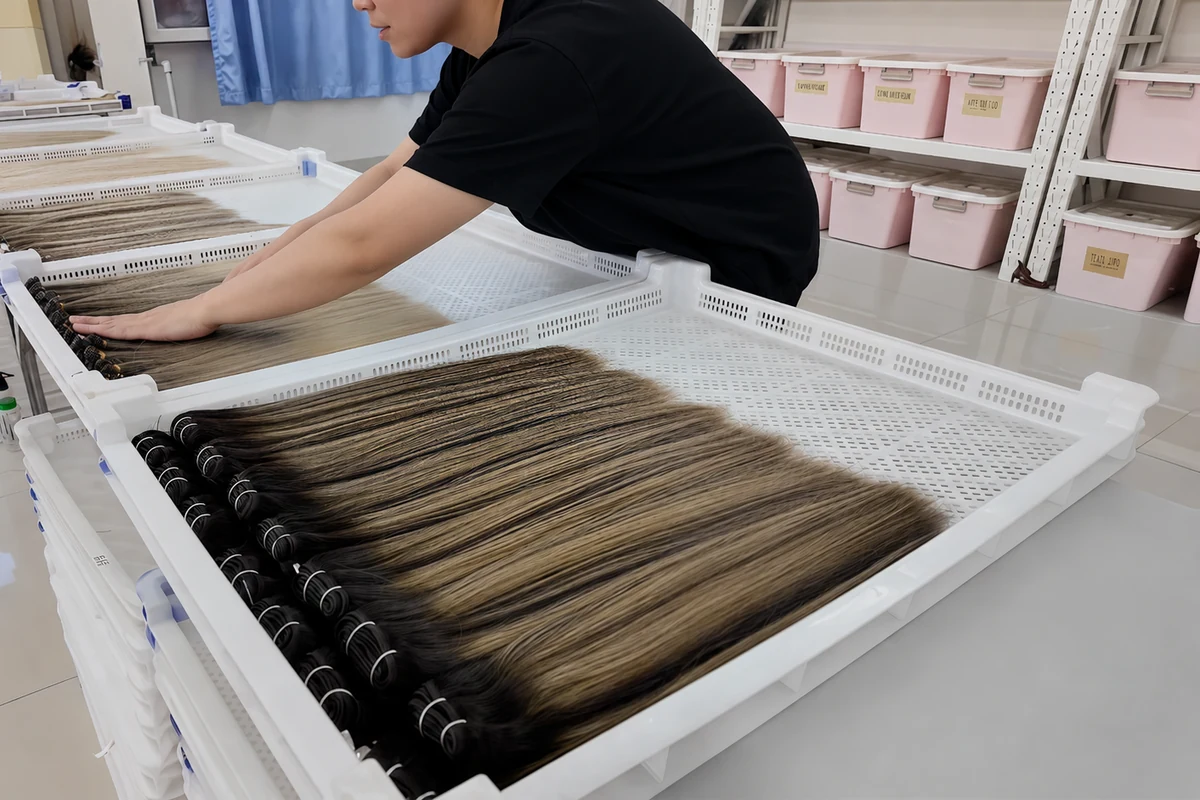 Epoche worker preparing human hair extensions for distributor bulk orders