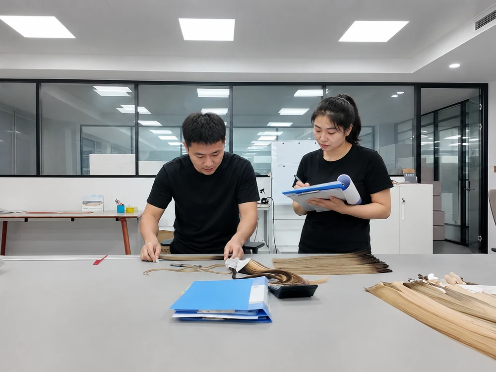 Epoche team reviewing human hair extension construction measurements and production records