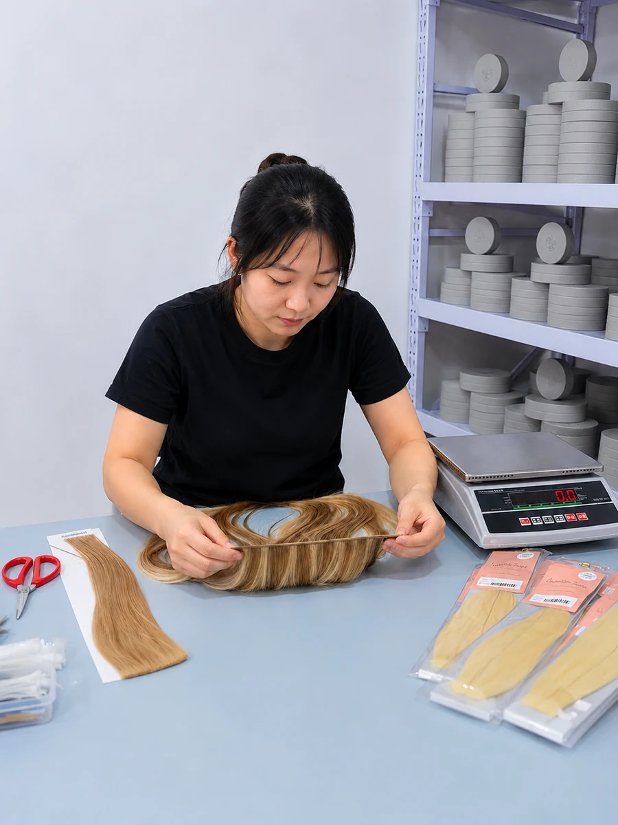 Epoche worker checking finished human hair extensions against final product specifications