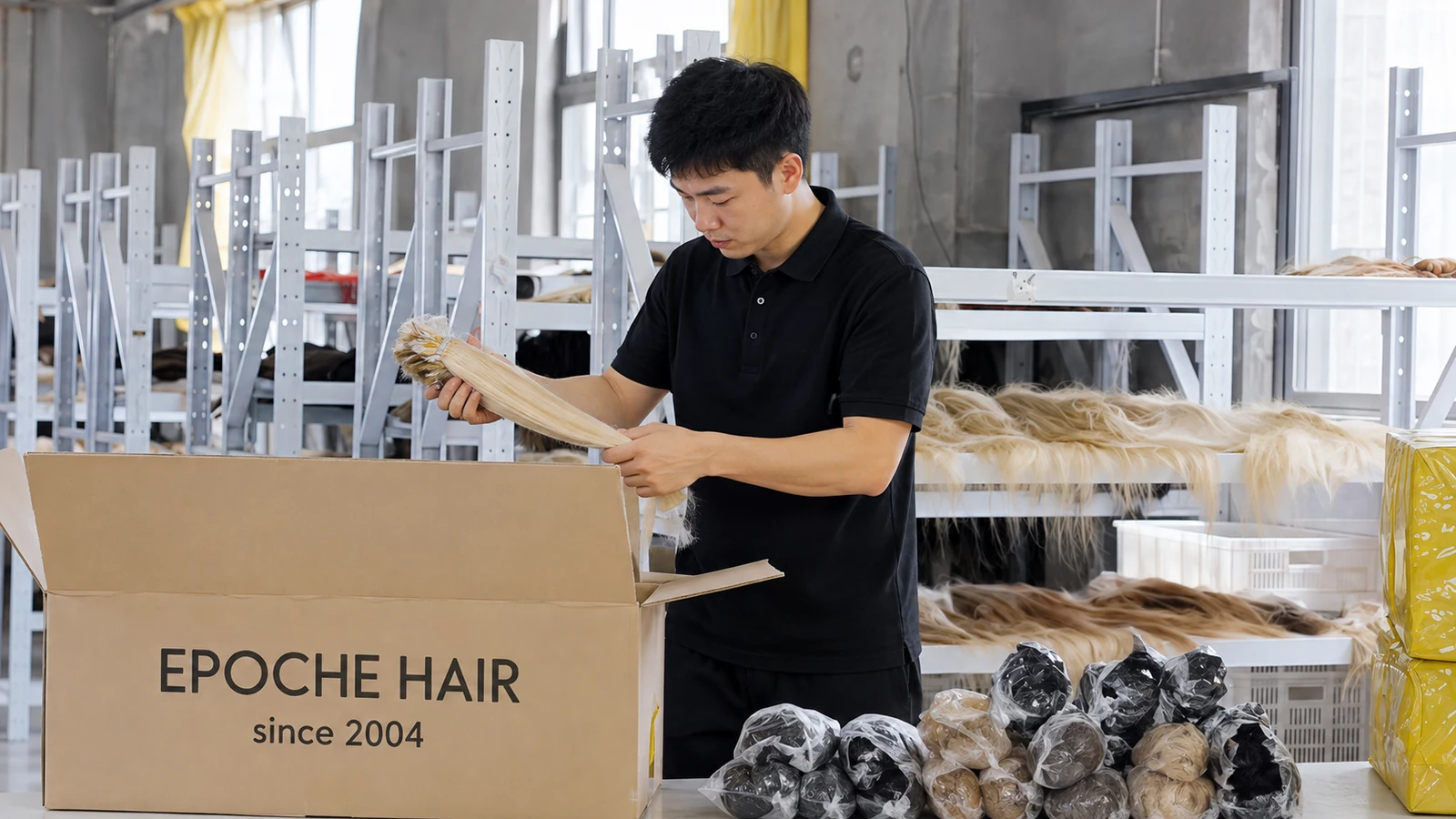 Epoche worker preparing finished human hair extensions for packaging and shipment