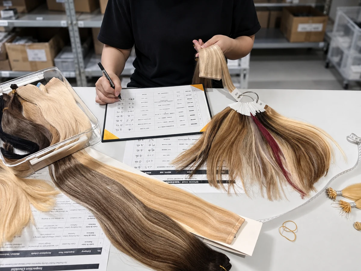 Epoche team reviewing hair extension samples colors and specifications during product development