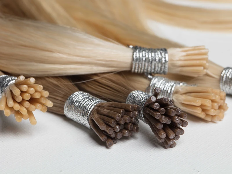 Epoche keratin tip human hair extensions showing bonded tips in multiple shades