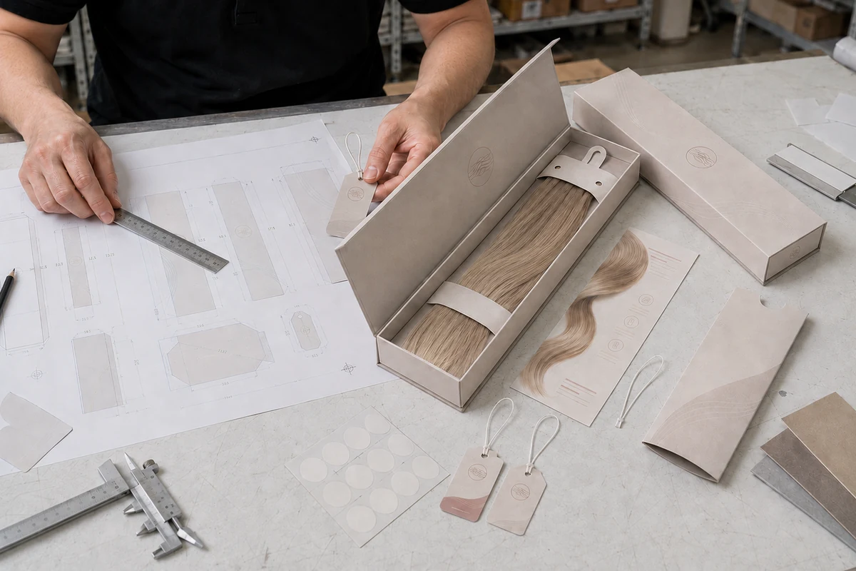 Epoche private label hair extension packaging development with custom box and hang tags