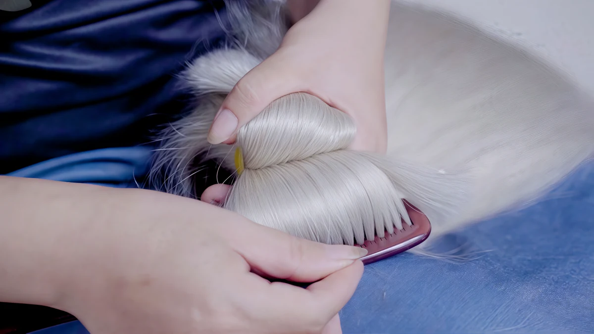 Epoche worker manually selecting raw human hair for hair extension production