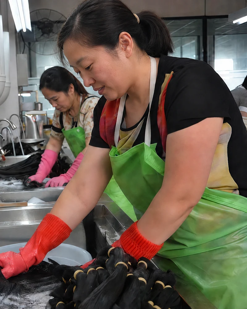 Epoche workers washing raw human hair before hair extension production