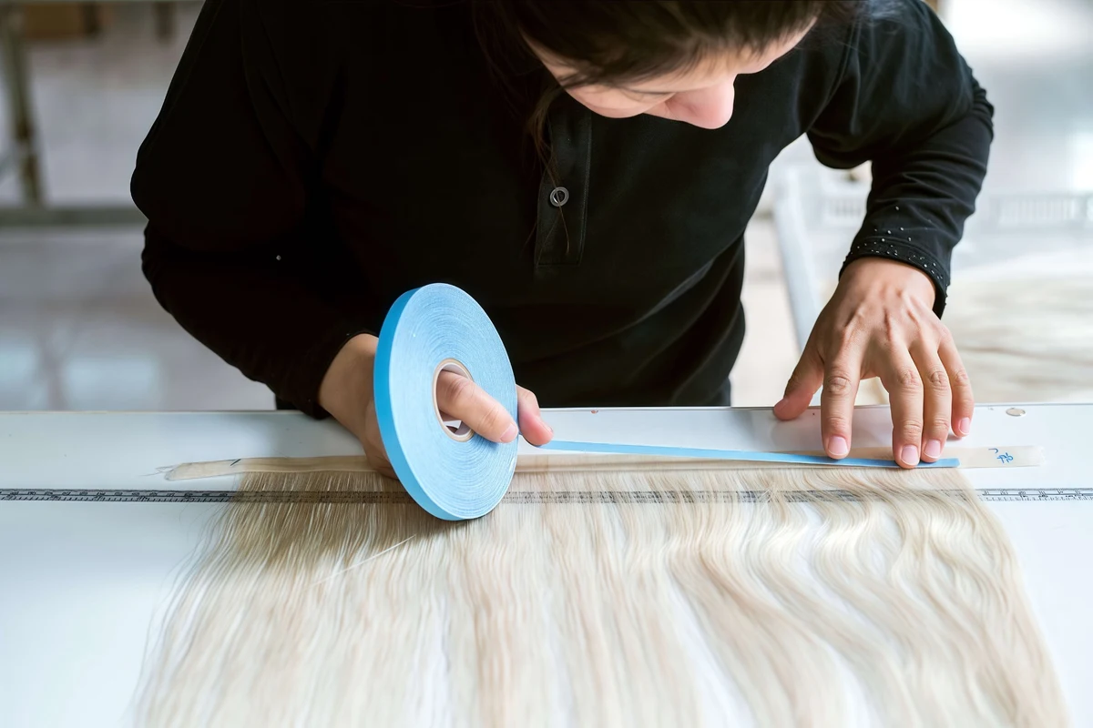 Epoche worker applying adhesive tape during tape-in hair extension manufacturing