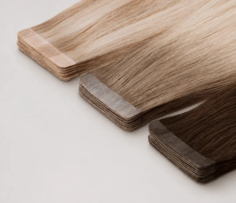 Premium tape-in hair extensions showing smooth tape construction and natural human hair