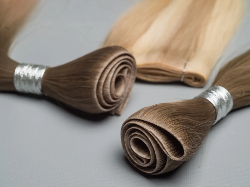 Epoche human hair weft extensions rolled to show weft construction and smooth hair texture
