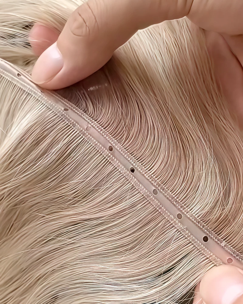 Close-up of an Epoche human hair weft seam showing strand distribution and seam structure detail