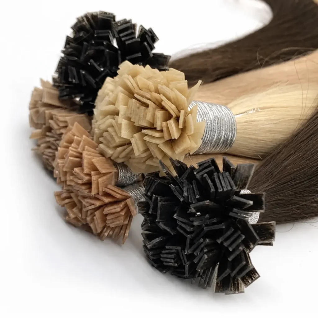 Close-up of flat rectangular keratin tips in blonde, brown and black hair extension bundles with silver ties.