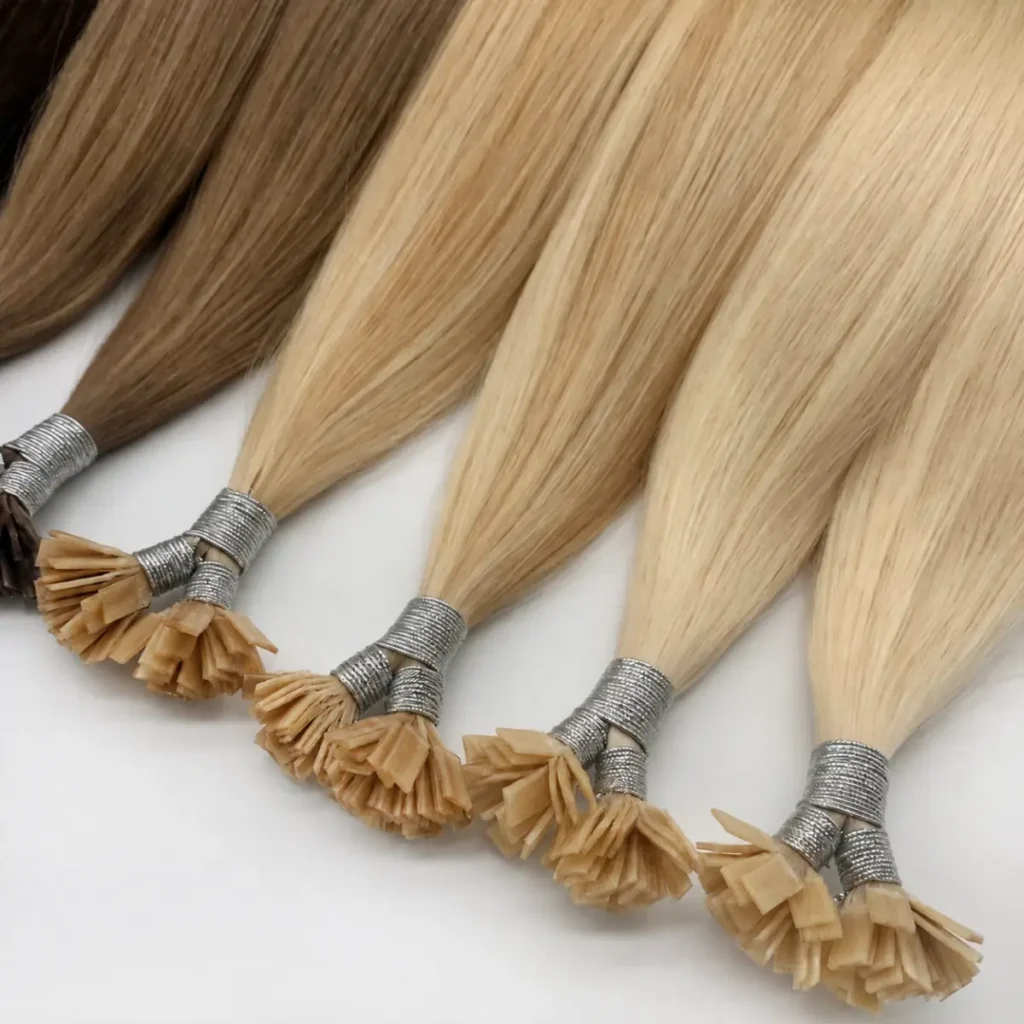 Blonde and brown Flat Tip Hair Extensions arranged diagonally with silver ties and fanned keratin bonds.