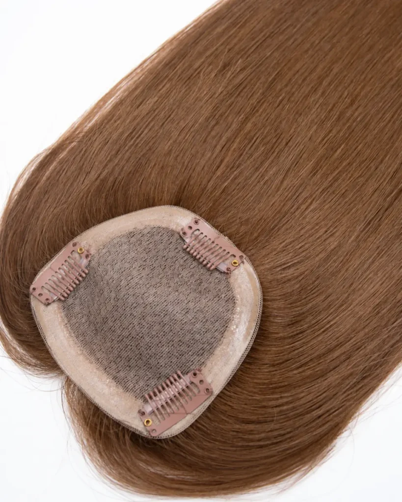 Brown human hair topper showing a pale mesh base, translucent edging and three pink-brown attachment clips.