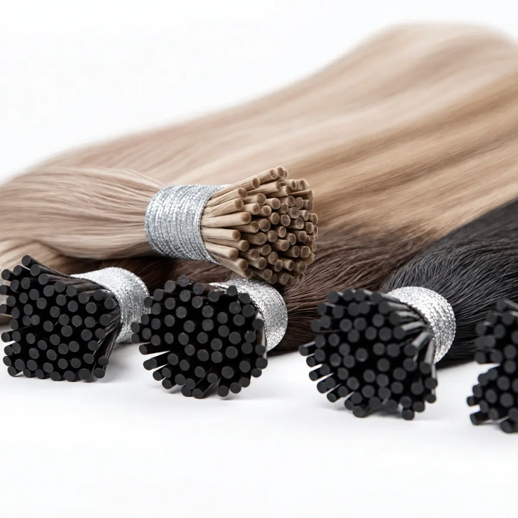 Close-up of dark and light blonde I-tip hair extension bundles showing the rounded ends of individual keratin bonds.