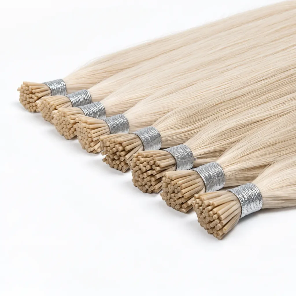 Blonde I-Tip Hair Extensions with cylindrical keratin tips and silver ties on a white background.