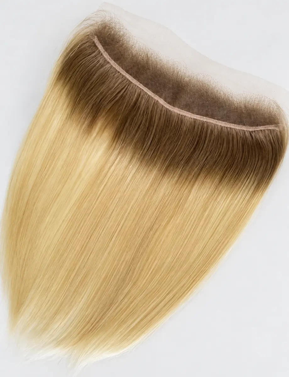 Underside of a rooted blonde lace closure showing the fine mesh base, curved stitched edge and straight hair.