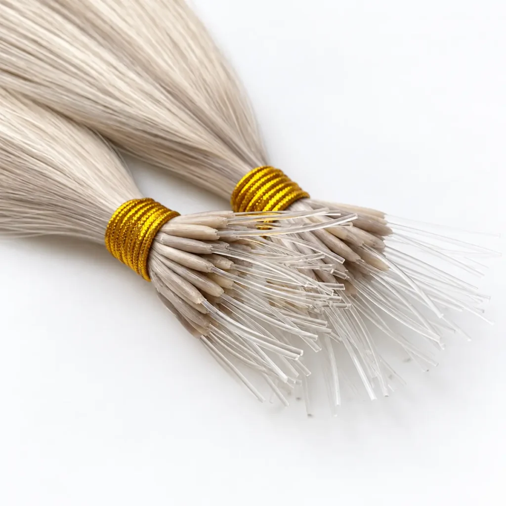 Close-up of two beige blonde nano tip hair extension bundles with gold ties, showing the bonds and long clear attachment tips.