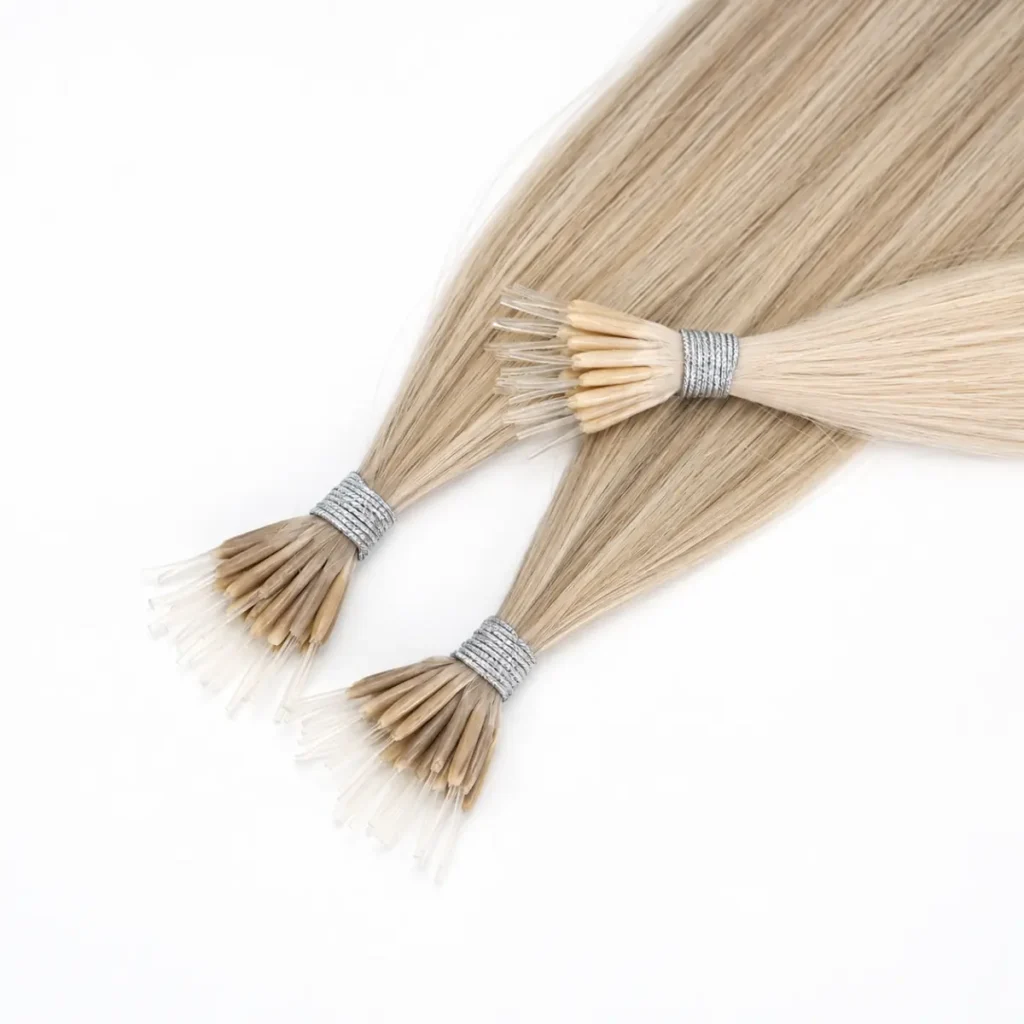 Three light blonde nano tip hair extension bundles with silver ties, including a paler bundle laid across the other two.