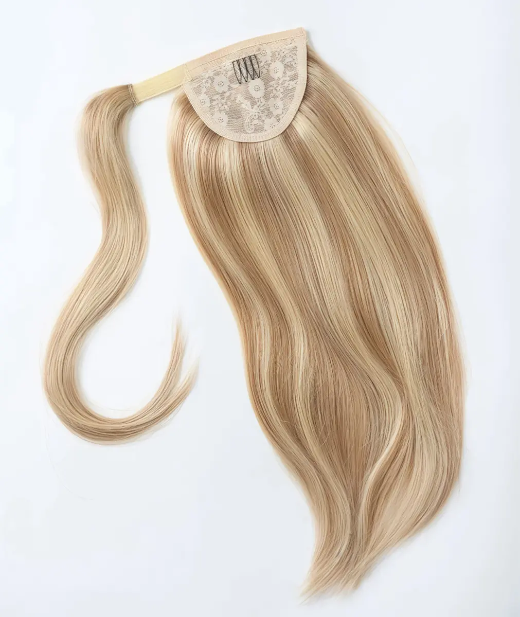 Blonde wrap-around ponytail hair extension with a beige lace base, black comb and a long wrapping strand.