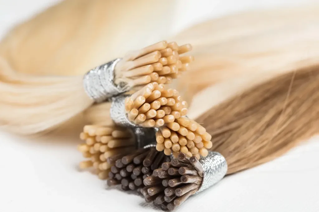 Close-up of pale blonde and brown cylindrical Soft Bond I-Tip ends, with silver ties around the hair bundles.