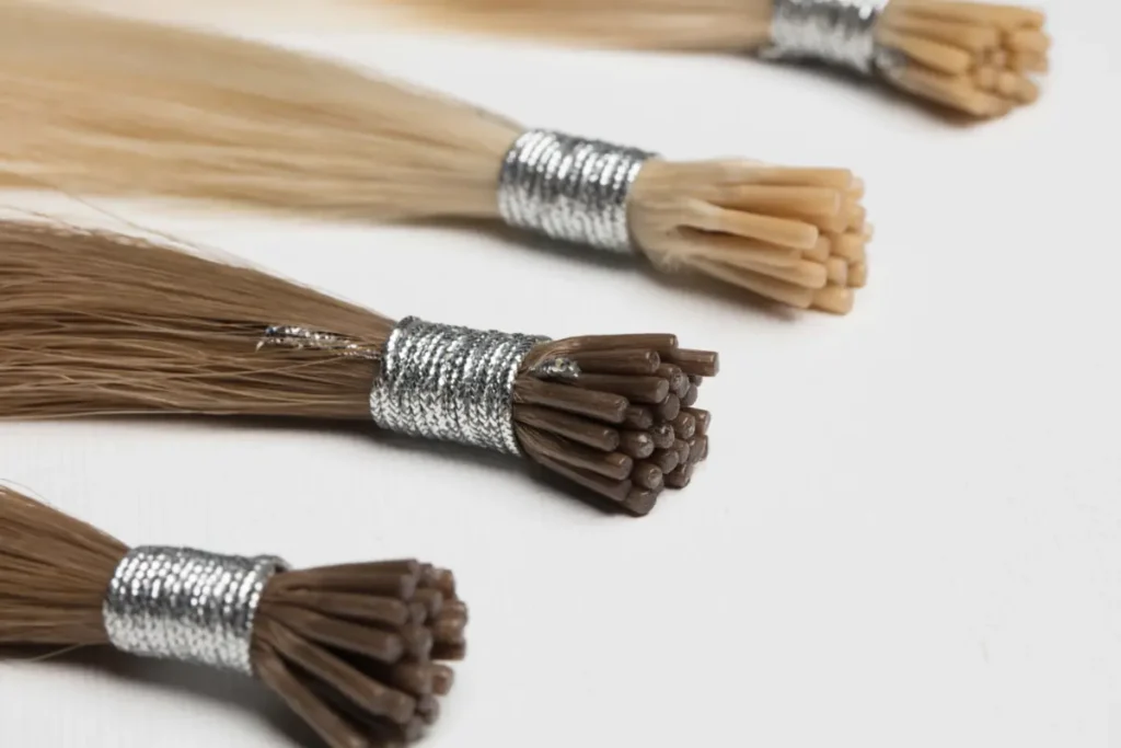Brown and blonde Soft Bond I-Tip Hair Extensions with cylindrical tips and silver ties on a light background.
