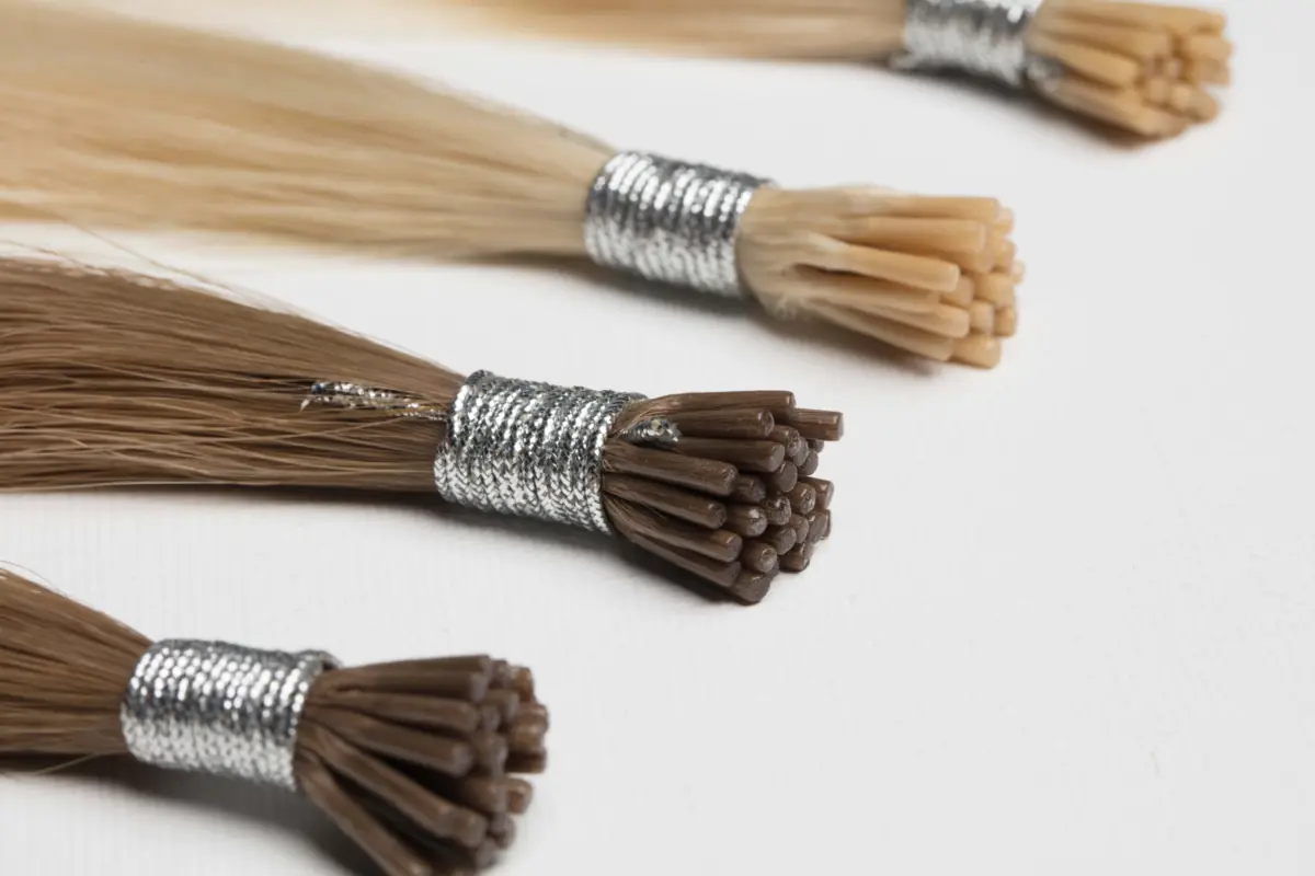 Brown and blonde Soft Bond I-Tip Hair Extensions with cylindrical tips and silver ties on a light background.