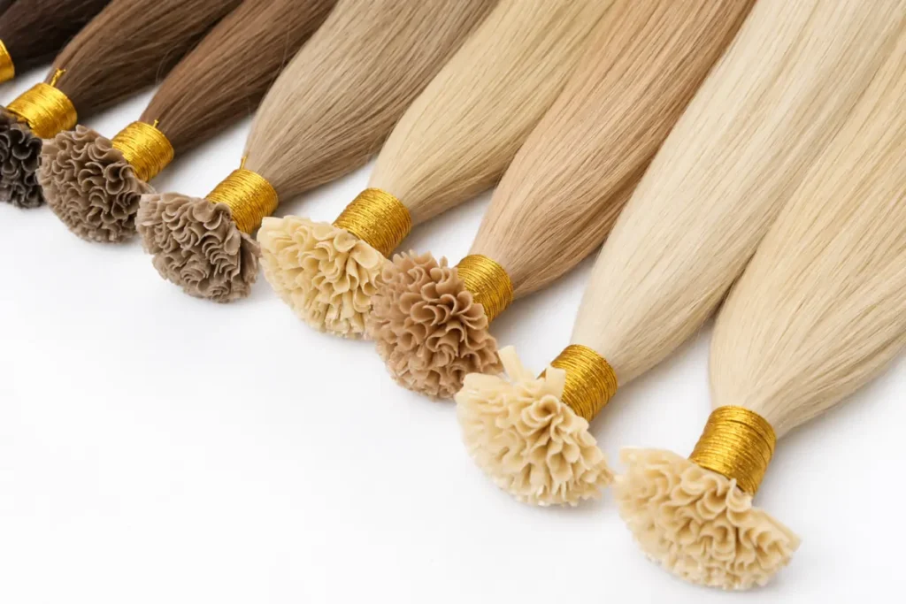 Blonde and brown U-Tip Hair Extensions with curved keratin bonds and gold ties on a white background.
