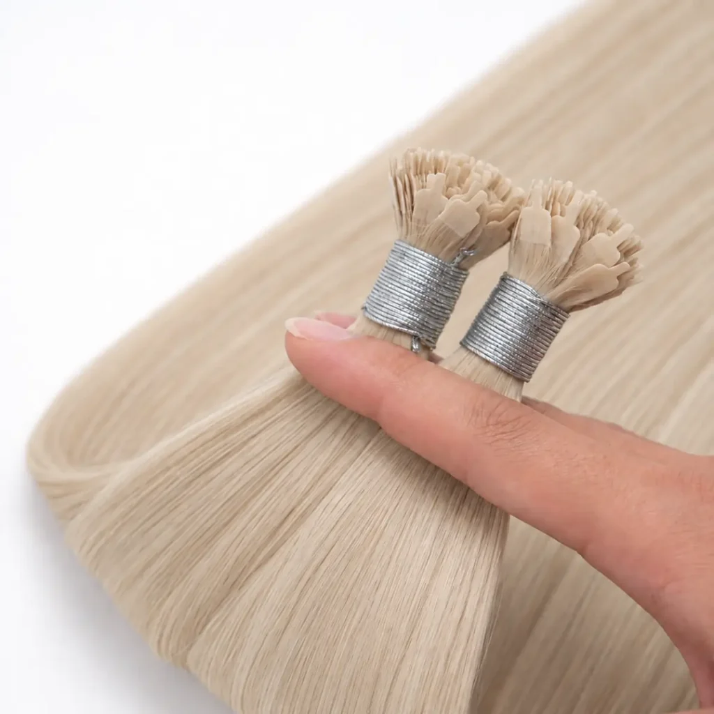 A hand holding two light beige blonde Y-tip hair extension bundles, showing the shaped bond tips and silver ties.