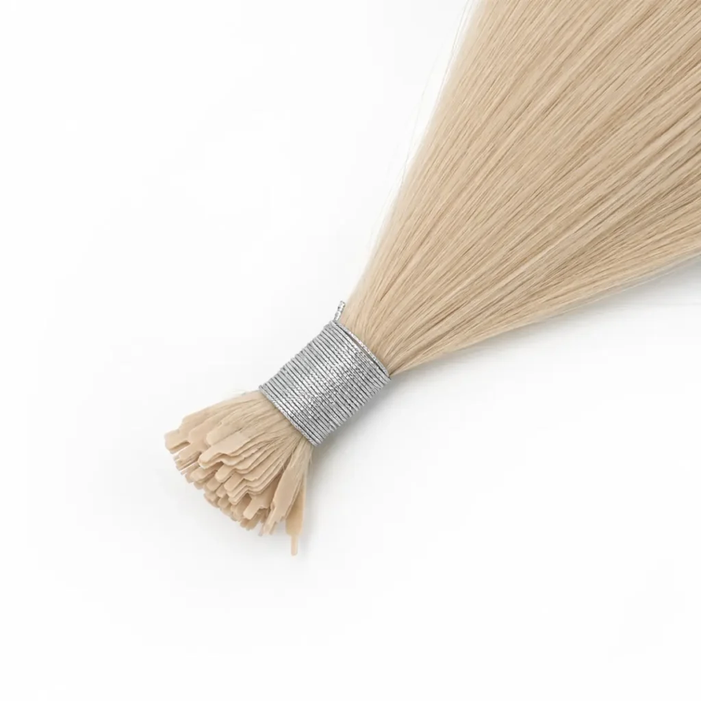 Light beige blonde Y-Tip Hair Extensions with shaped keratin tips and a silver tie on a white background.