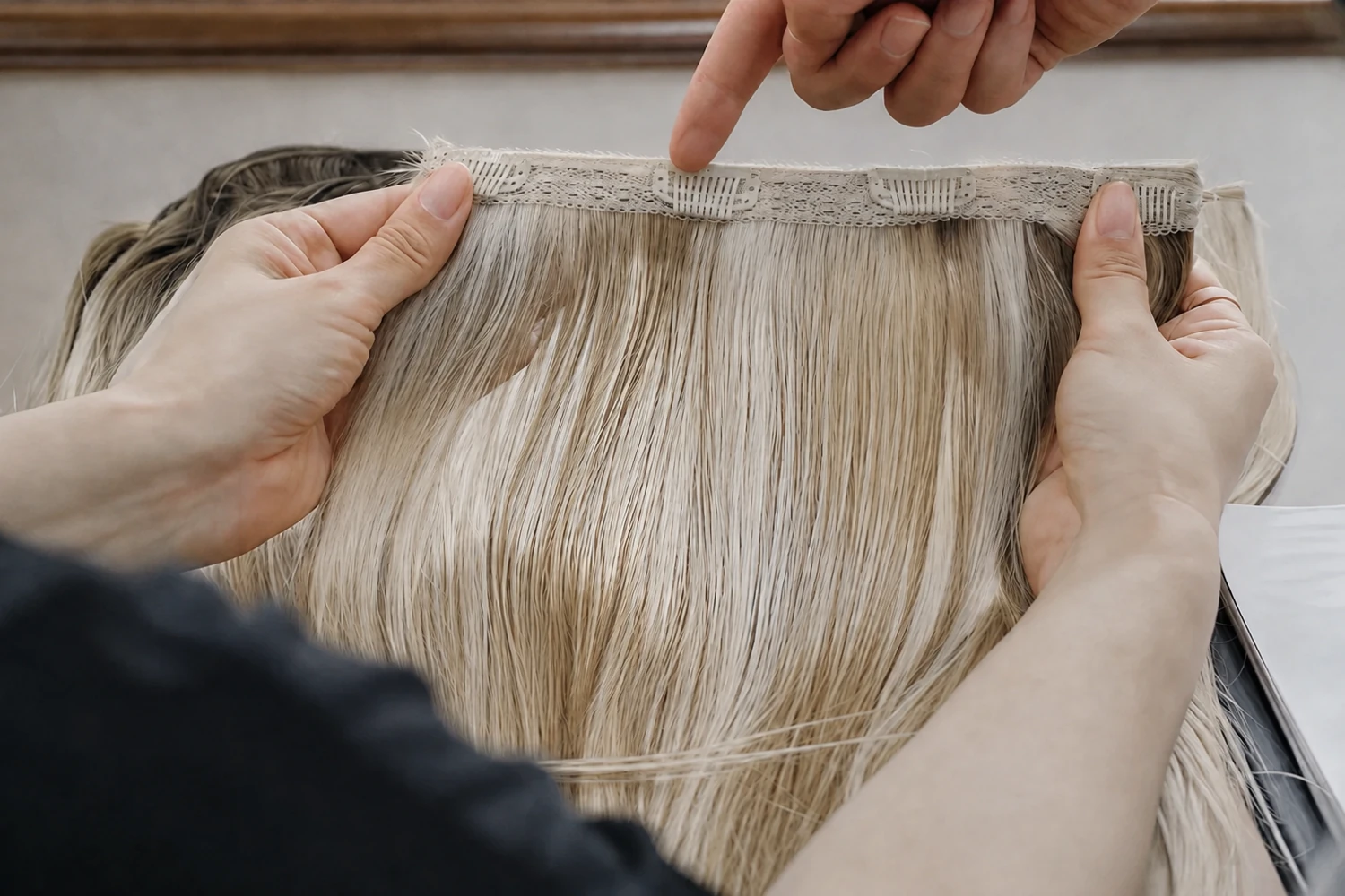 Inspecting the clips and sewn base of a blonde clip-in hair extension
