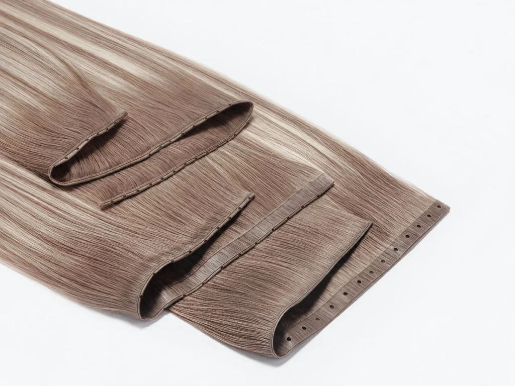 Highlighted brown butterfly weft hair extensions with folded layers and visible pre-punched attachment holes