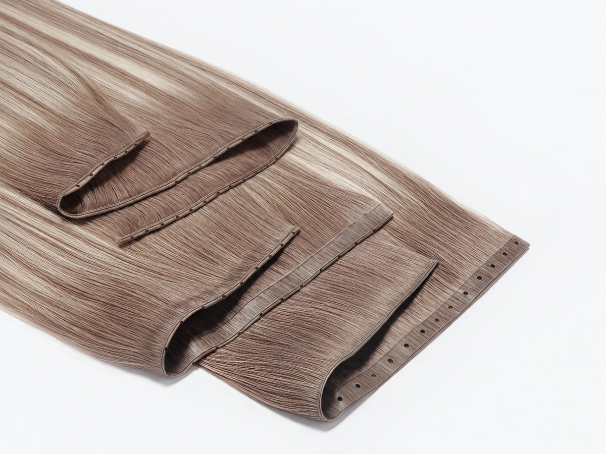 Highlighted brown butterfly weft hair extensions with folded layers and visible pre-punched attachment holes
