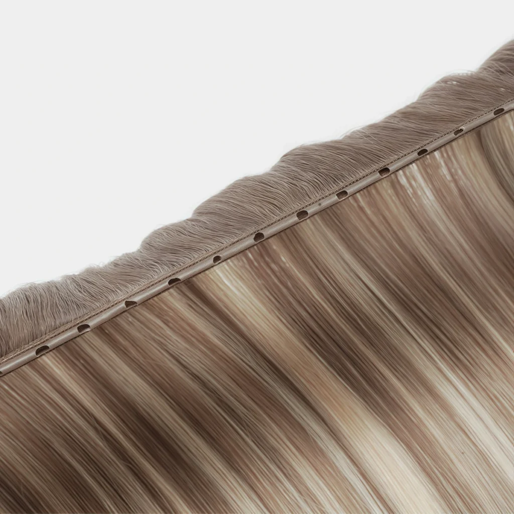 Close-up of a butterfly weft edge showing pre-punched attachment holes and the hair layers along the seam