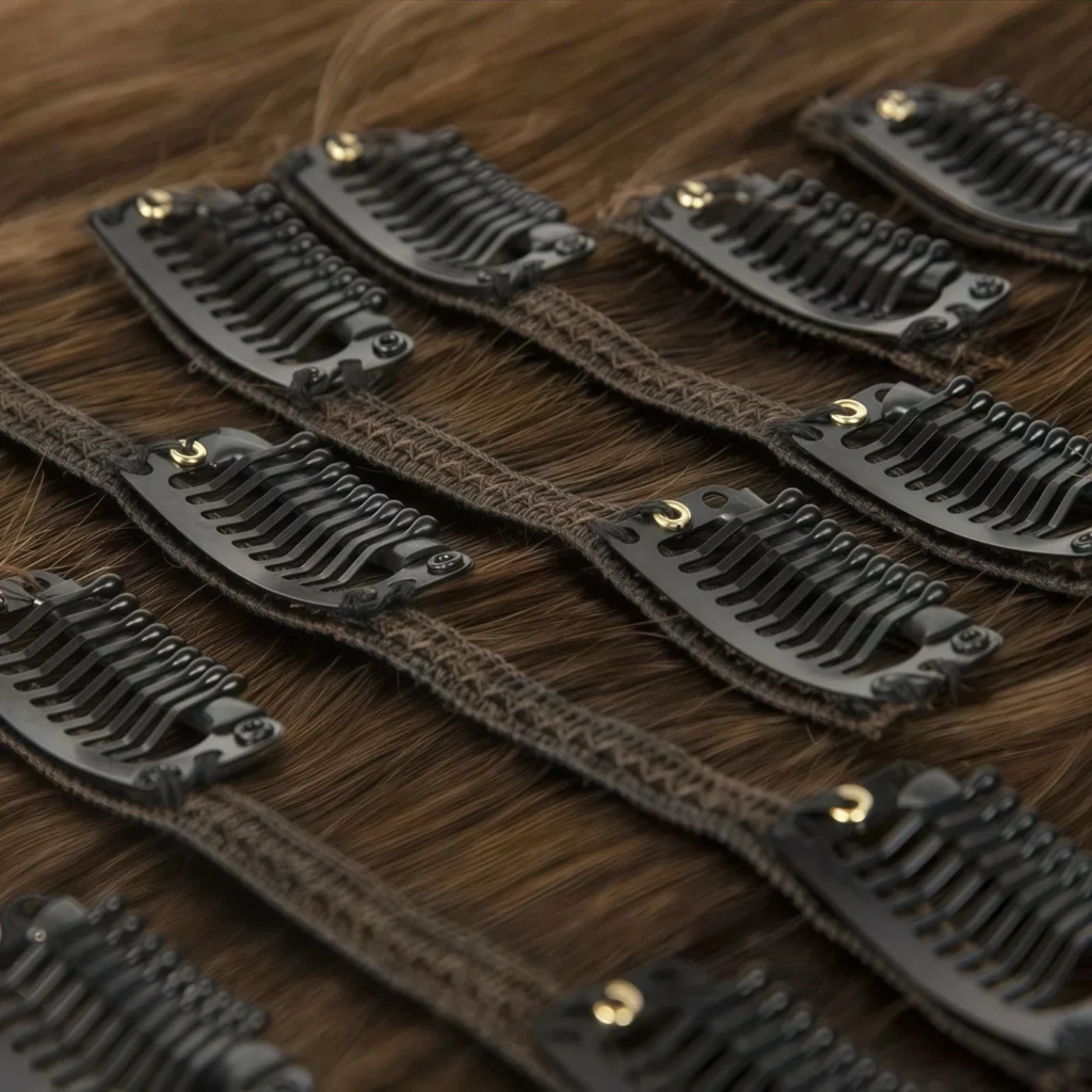 Close-up of snap clips and machine-sewn weft seams on classic clip-in hair extensions