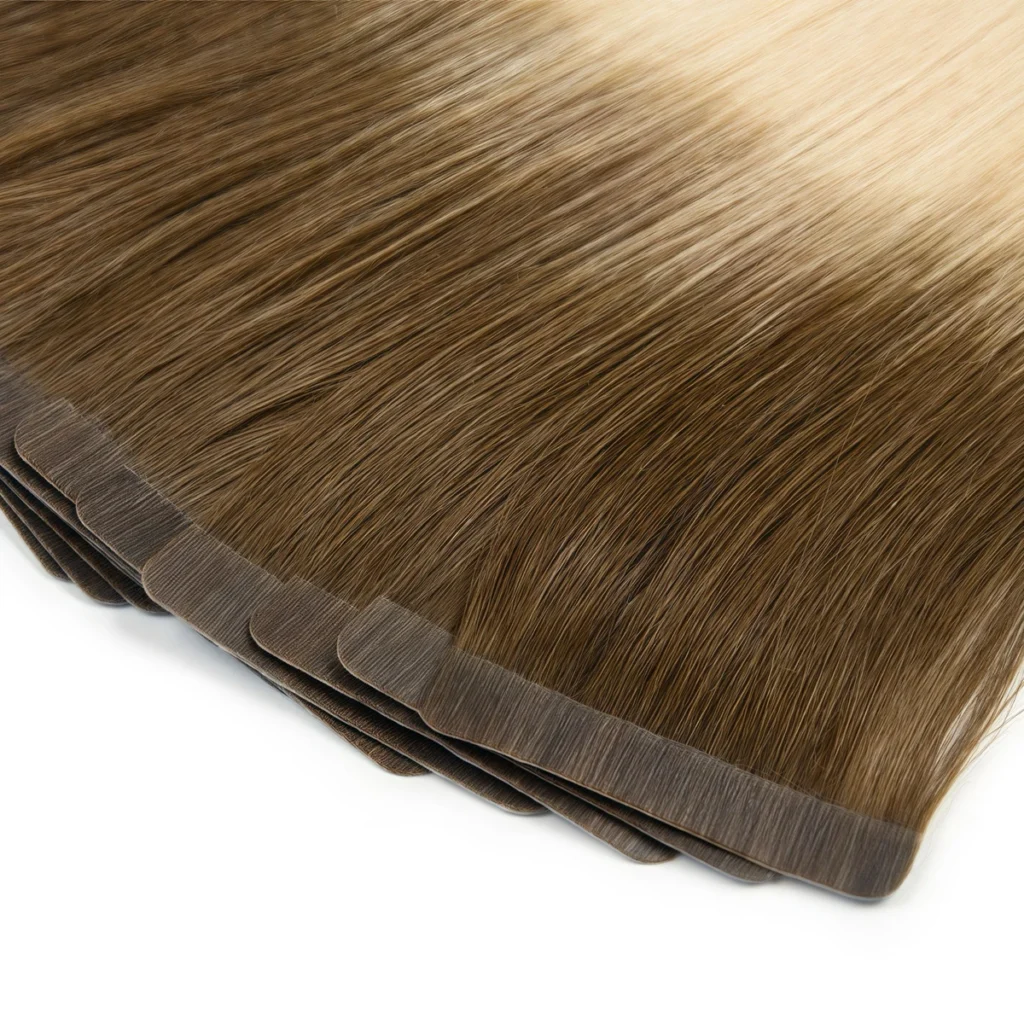 Detailed view of dark brown Classic Tape-In Hair Extension tabs, showing rounded corners, fine surface texture and hair placement
