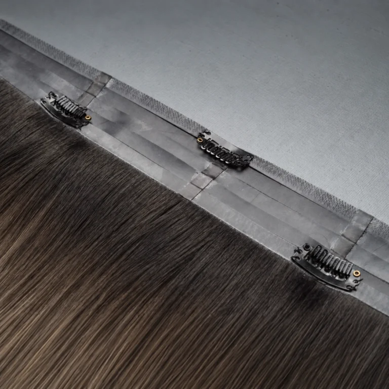Ombre clip-in hair extensions with dark roots blending into lighter brown lengths and three black snap clips sewn along a gray base.