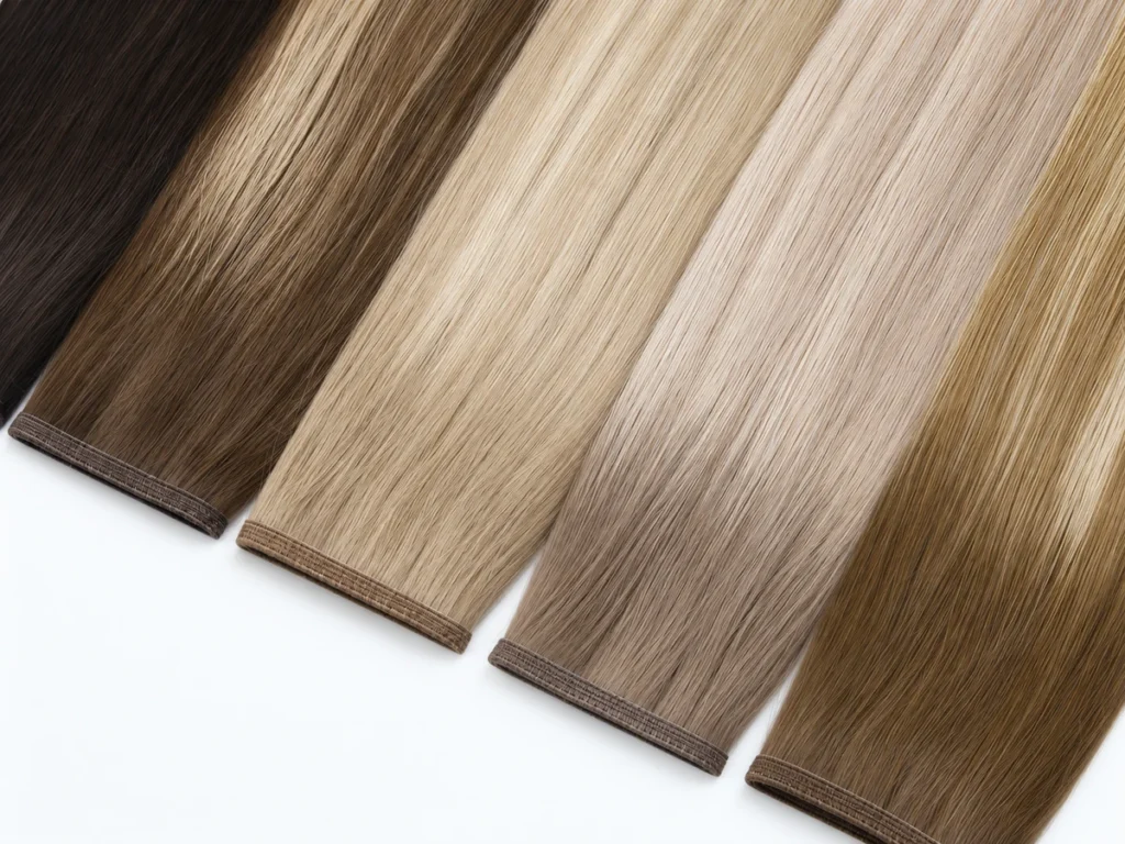 Flat weft hair extensions in dark brown, ash brown, blonde and golden tones displayed on a white background
