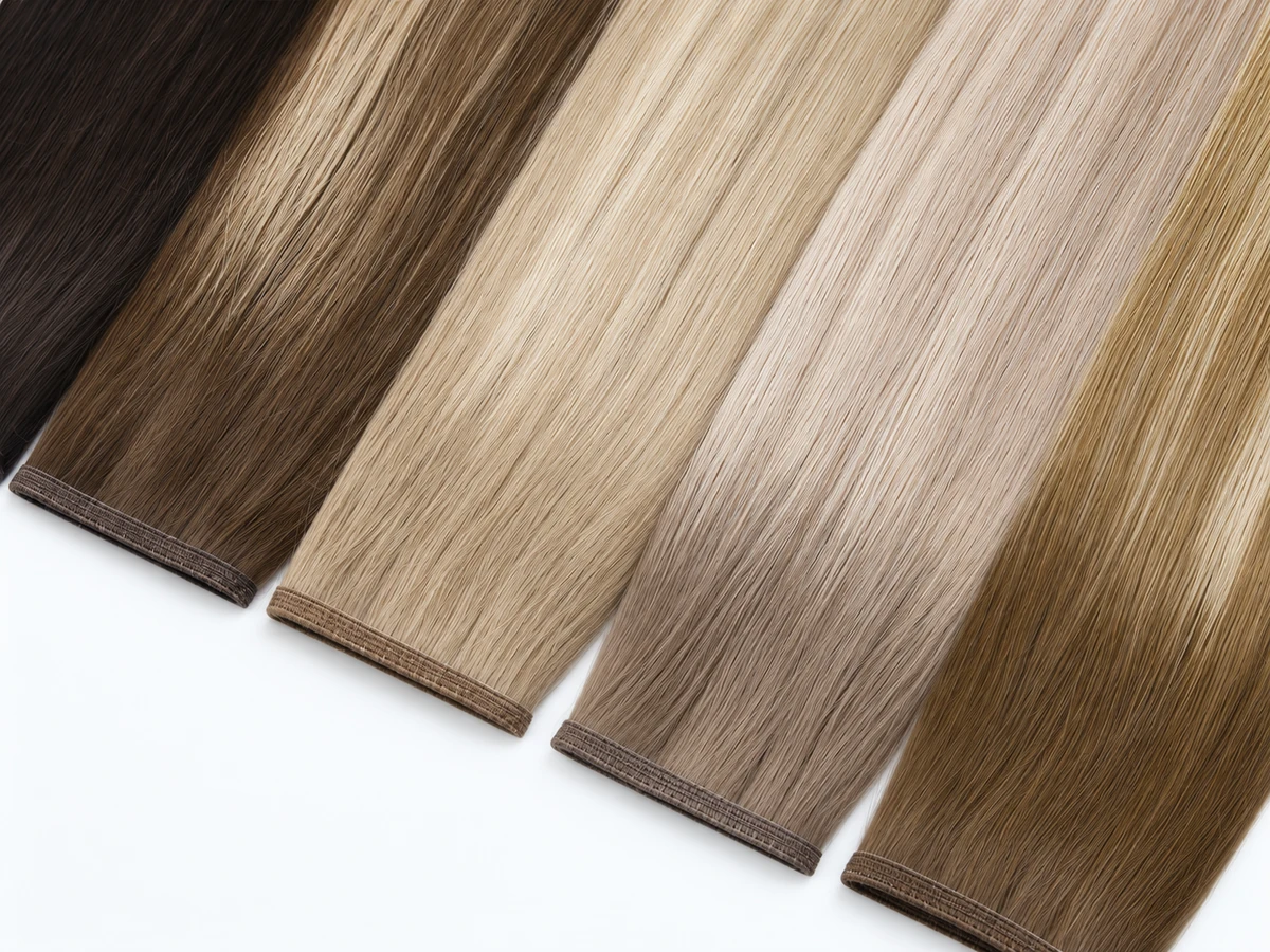Flat weft hair extensions in dark brown, ash brown, blonde and golden tones displayed on a white background