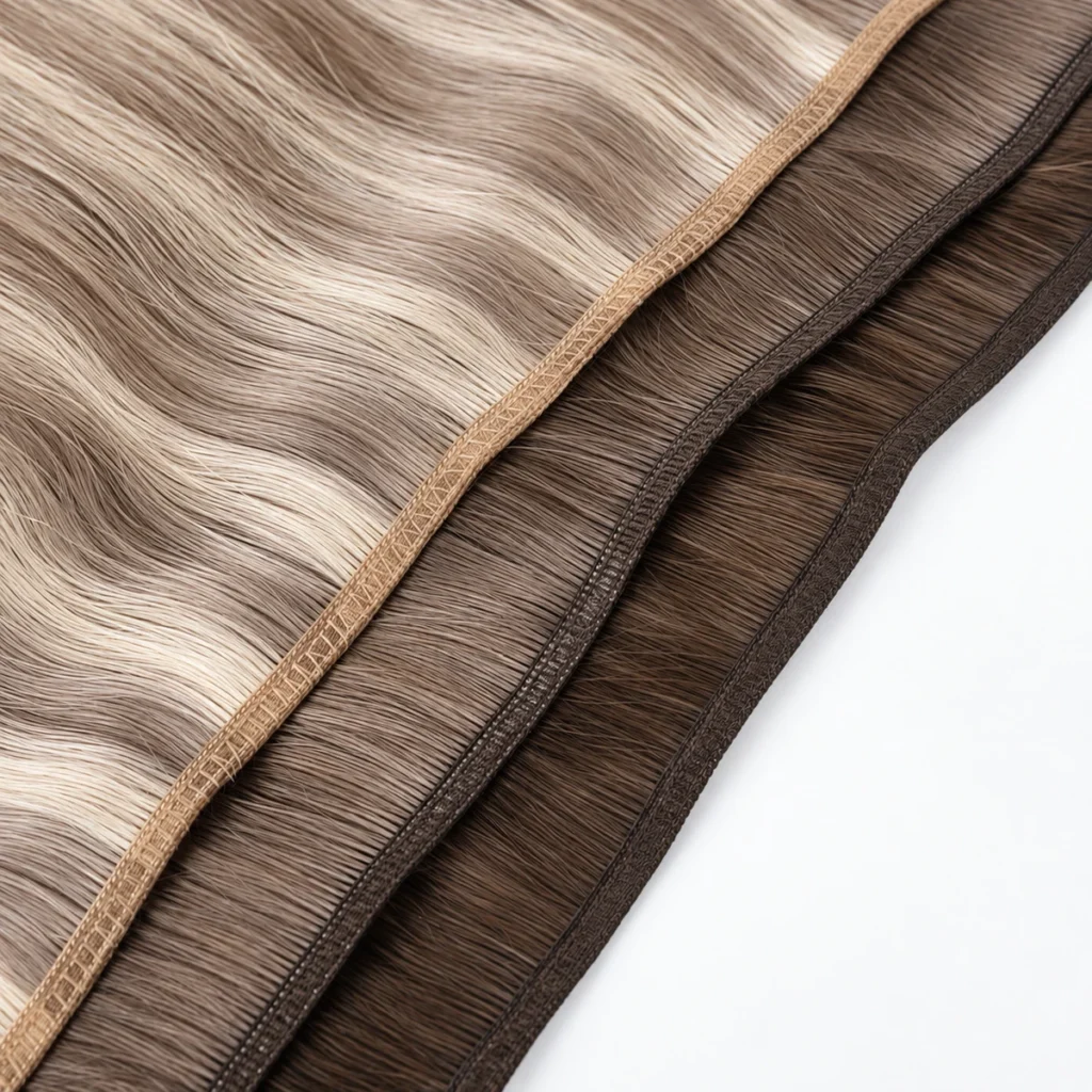 Close-up detail of layered flat weft hair extensions in cool ash and brown tones on a white background