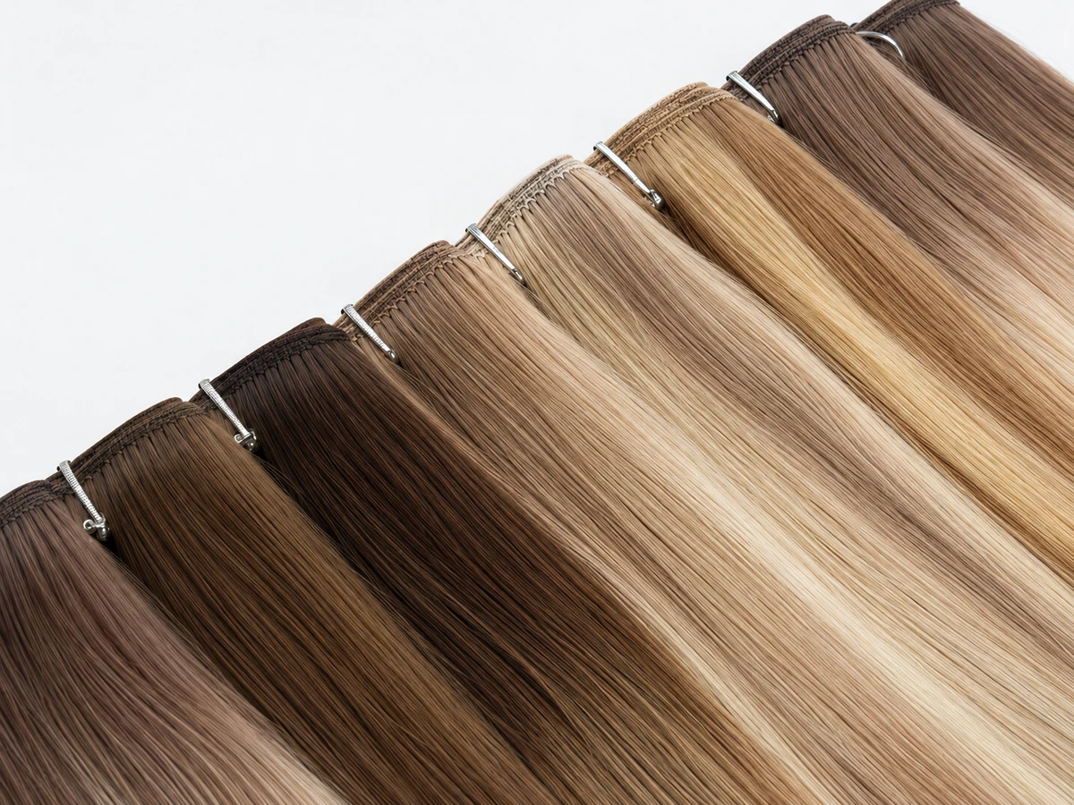 Flex weft hair extensions in multiple brown and blonde shades arranged side by side with sewn tops