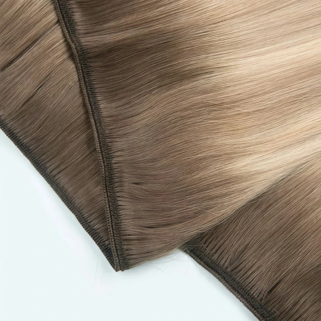 Close-up of flex weft hair extensions showing overlapping sewn seams and blended light brown hair