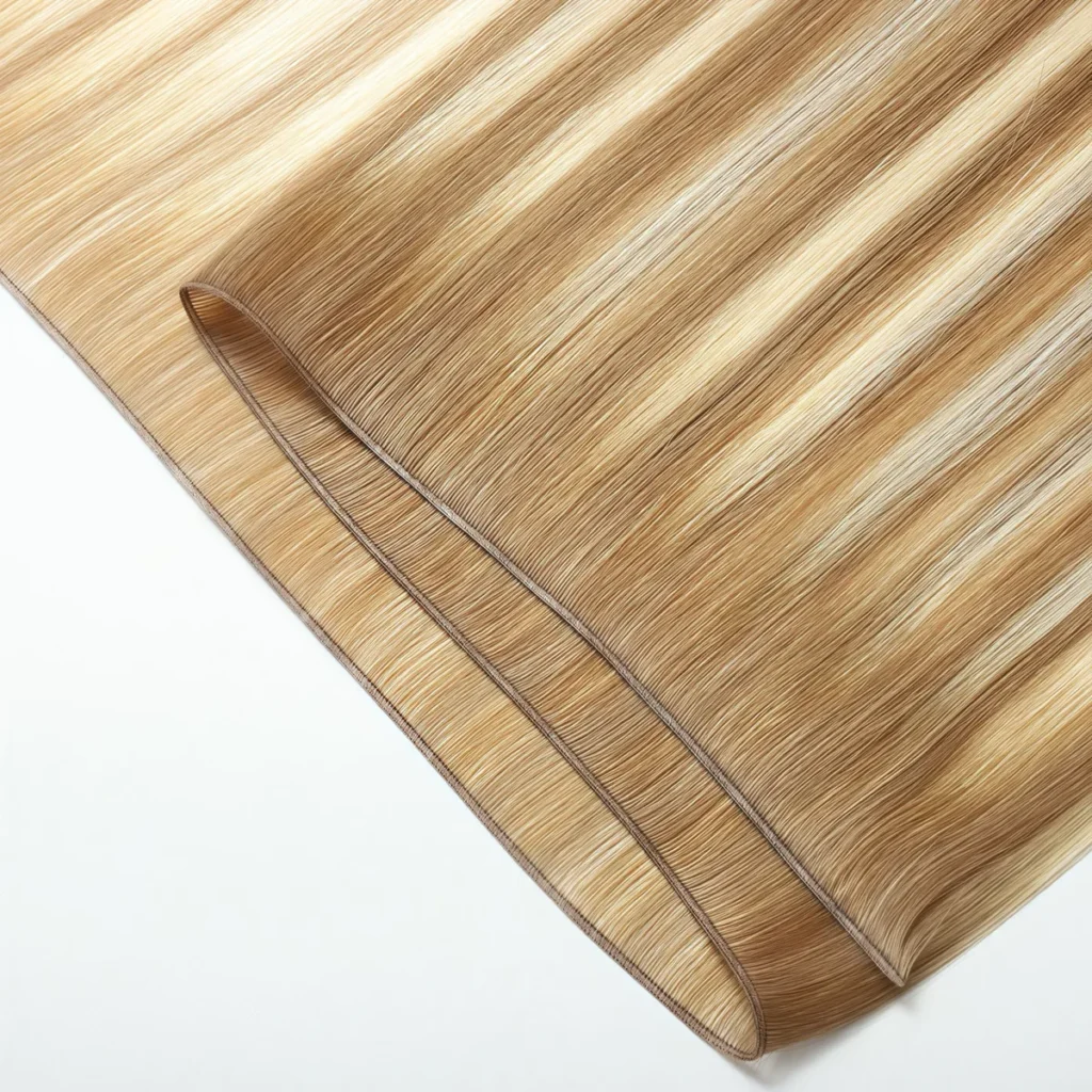 Close-up of a highlighted genius weft folded back to show its thin seam and the hair along the edge
