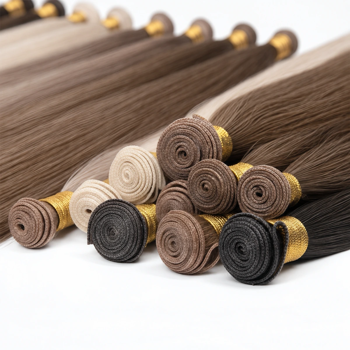 Genius weft hair extensions in blonde, brown and black shades, with rolled seams and gold bindings