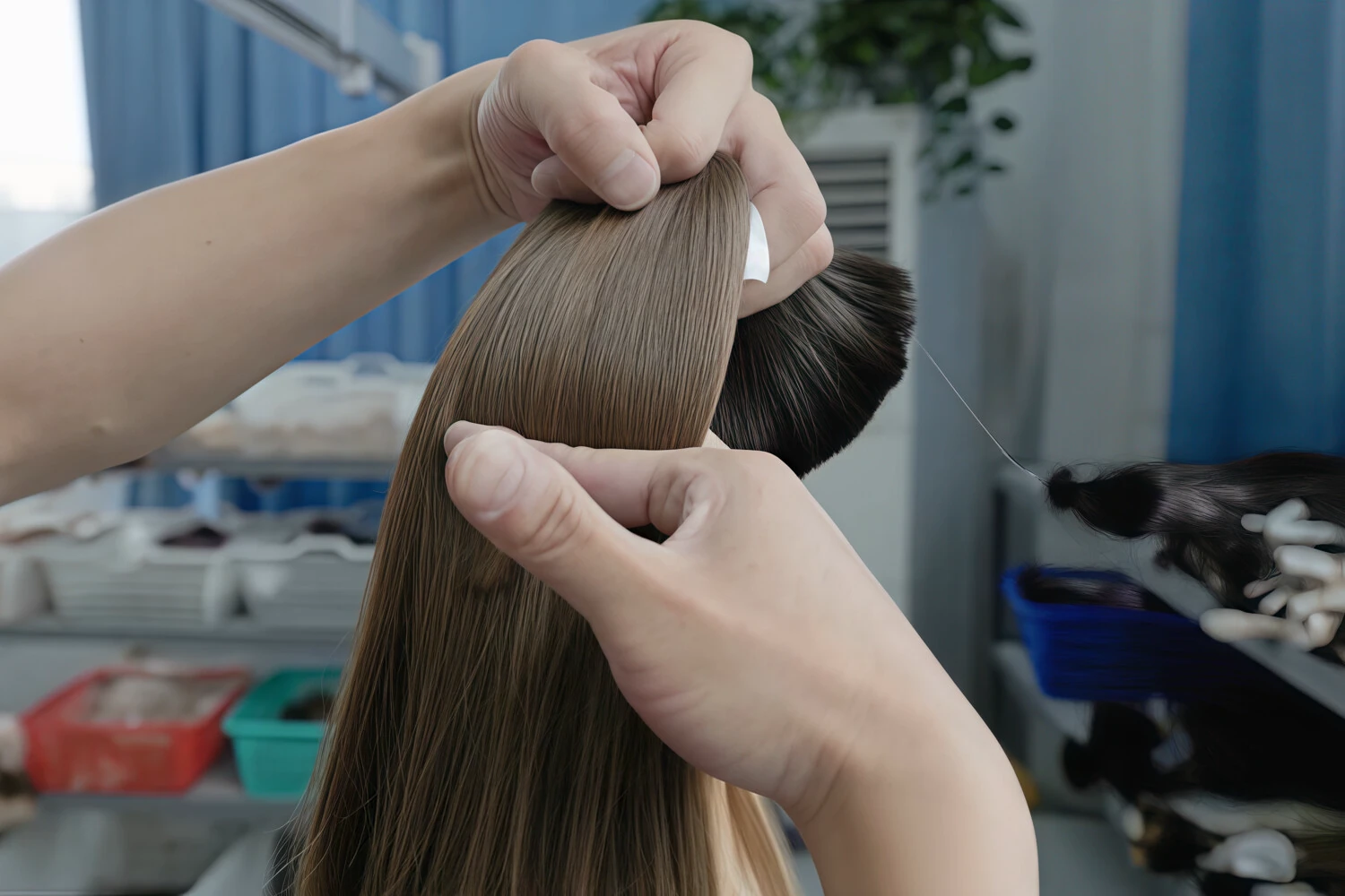 Worker comparing hair extension shades for color batch matching