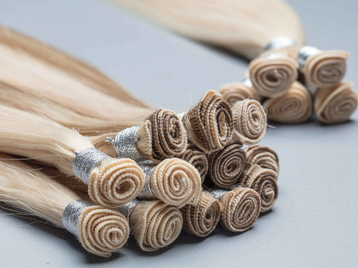 Hand-tied weft hair extensions in blonde and brown shades, with rolled seams and silver ties on a grey background