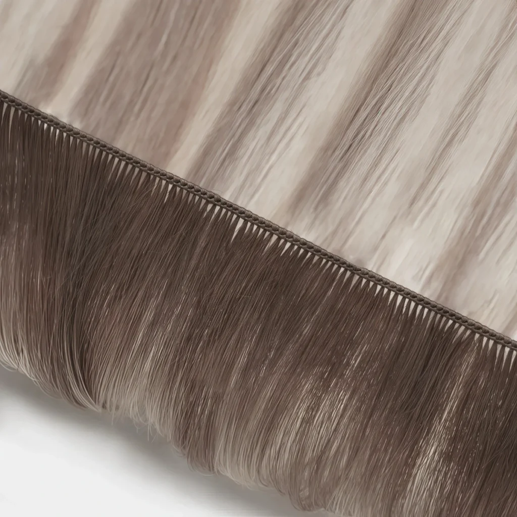 Close-up of a brown hand-tied weft showing its fine knotted seam and hair along the edge