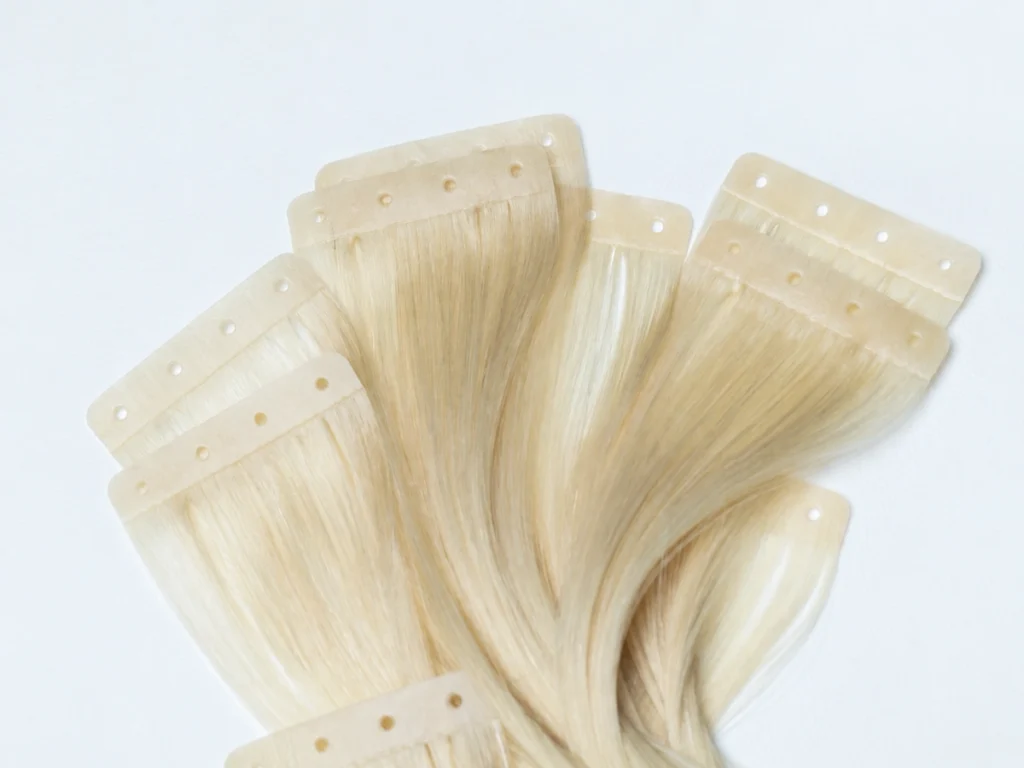 Holed Tape-In hair extensions fanned across a pale grey-white background, showing rounded tabs with evenly spaced pre-punched holes.