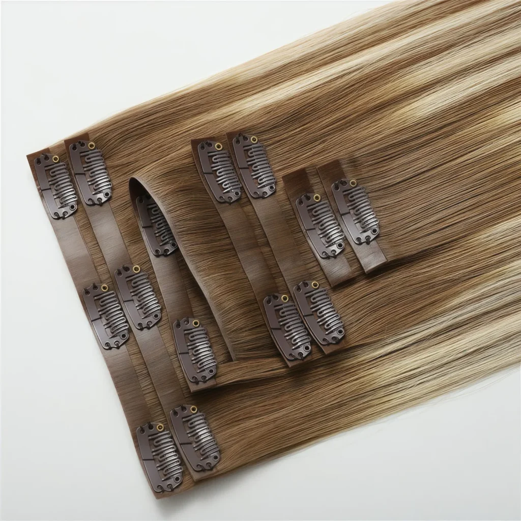 Invisible clip-in hair extensions arranged to show piece widths and thin bases